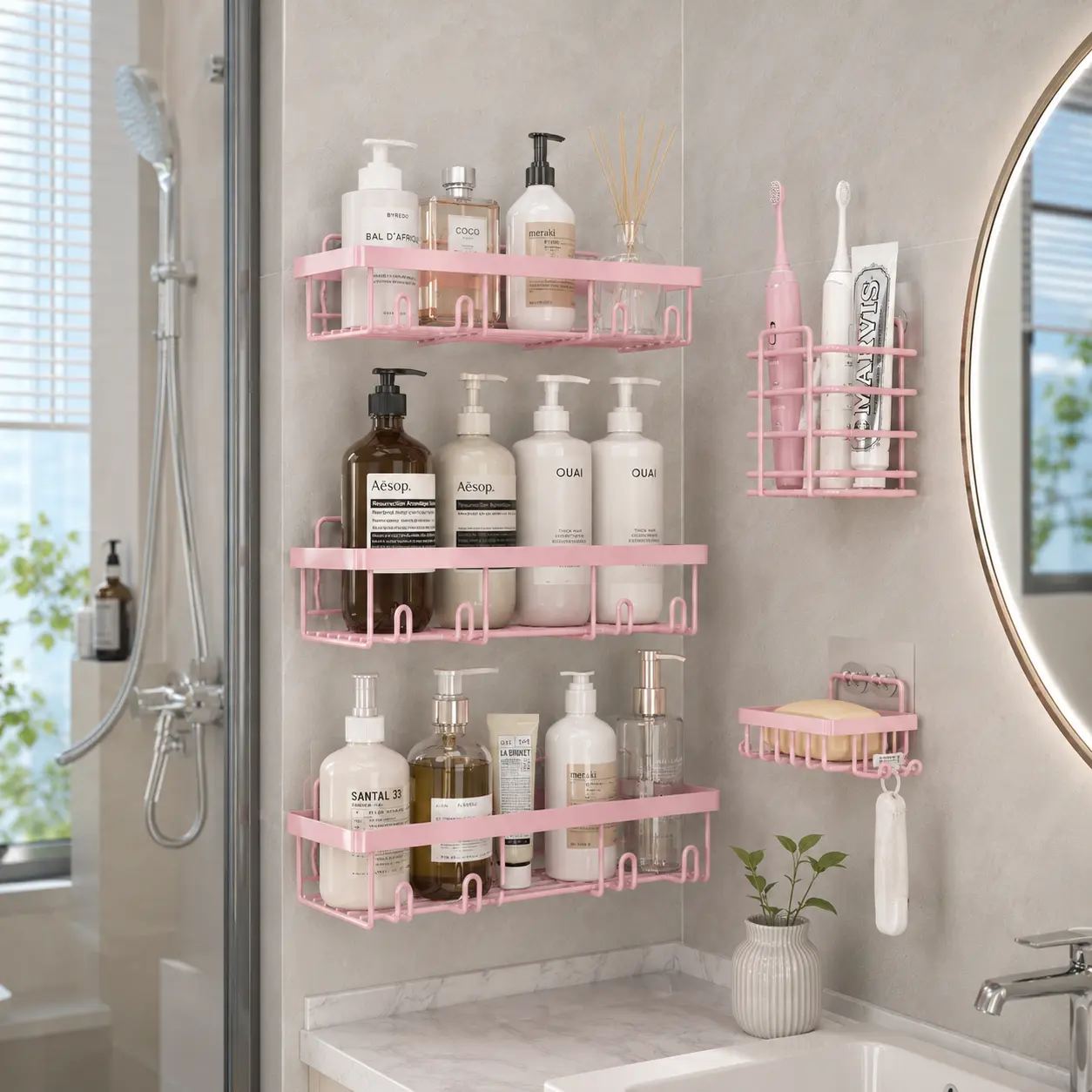 5-Pack Pink Bathroom Accessories Organizer Set, Rust-ProofWaterproof Shower Organizer, No-Drilling Stick-OnInstallation, Large-Capacity Space Saver with Toothbrush &Soap Holder, Minimalist Design,  Giftoutdoorfun