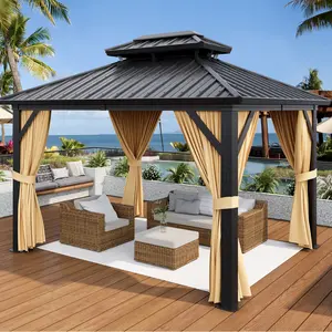 10x12FT Double Roof Hardtop Gazebo, Aluminum Frame Outdoor Pavilion, Equipped with Curtains and Insect Nets, Khaki All-Weather Shade Shelter for Garden Patio Poolside outdoorgazebos summergarden