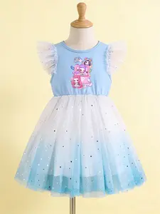 2026 New Summer Girls' Mesh Fabric Dress, Kpop Cute Cartoon Print, Fresh Blue School & Sports Dress, Slim-Fitting Clothing, Graphic Print Dress
