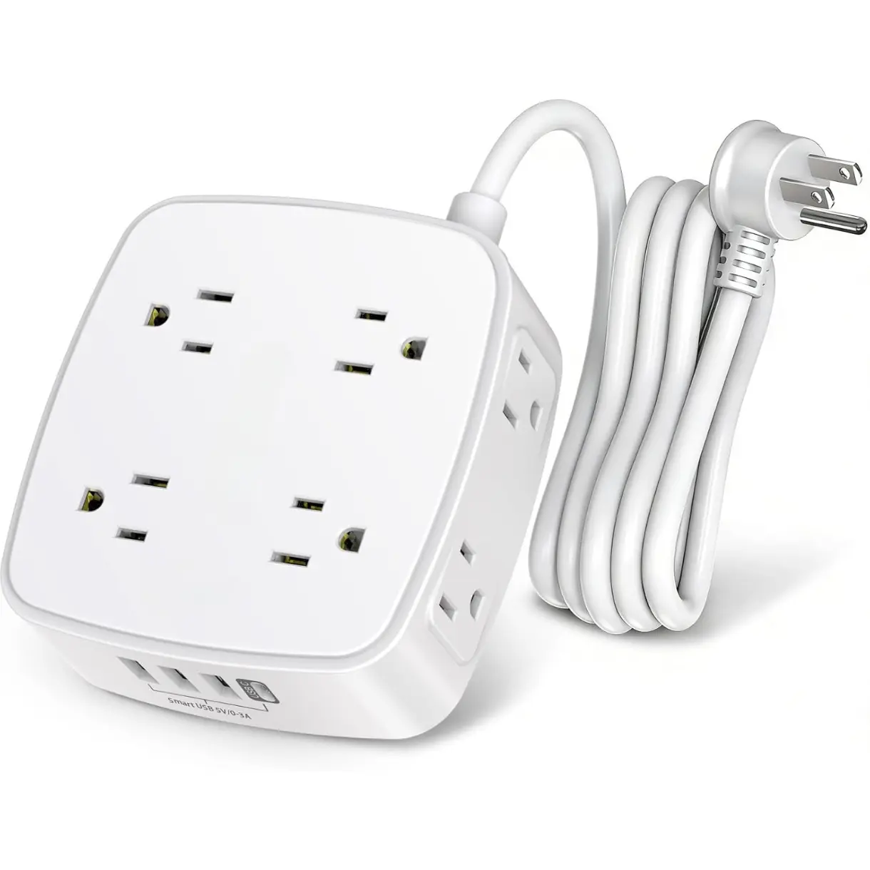 6 Ft Surge Protector Power Strip - 8 Widely Outlets with 4 USB Ports, 3 Side Outlet Extender with 6 Feet Extension Cord, Flat Plug, Wall Mount, Desk USB Charging Station, ETL,White