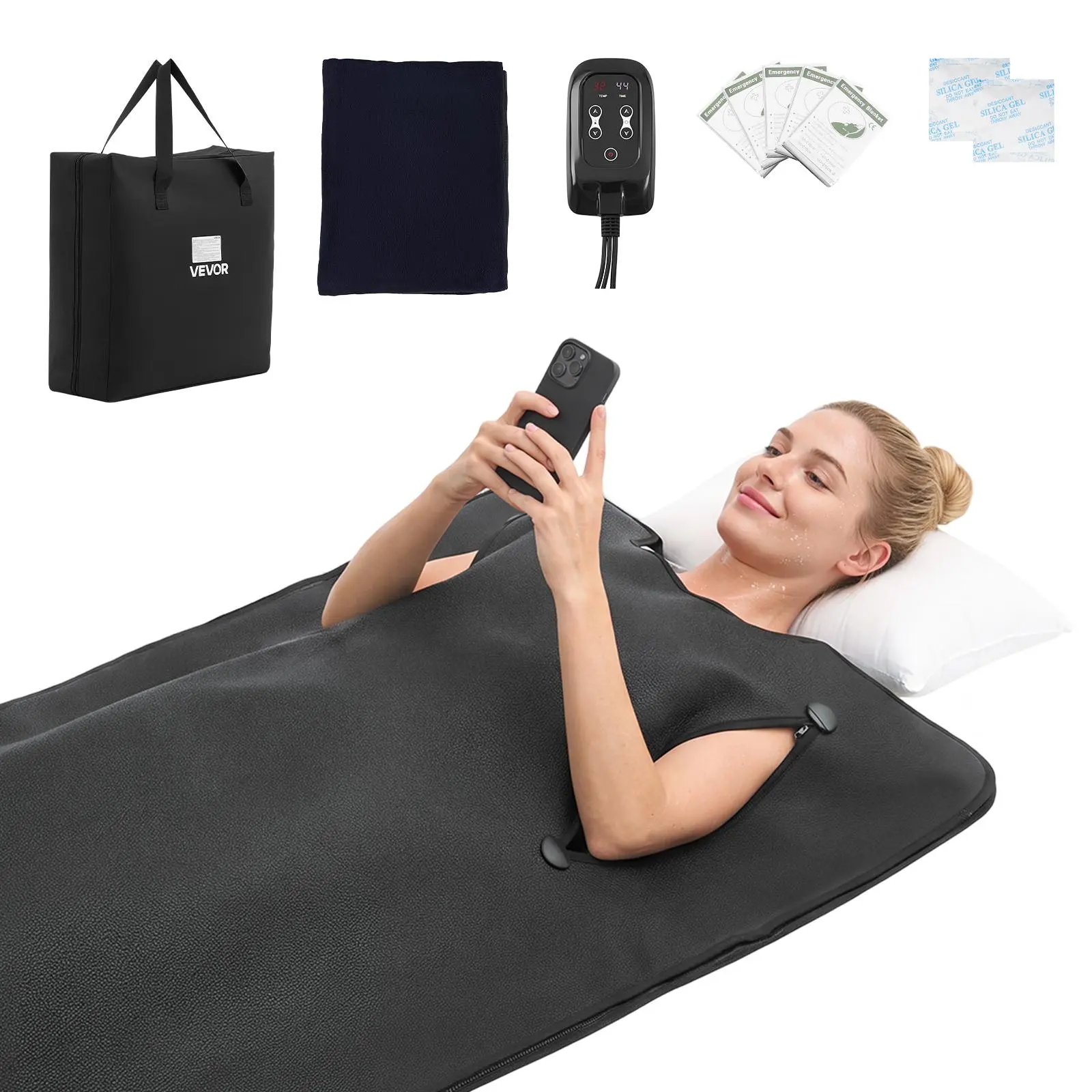 VEVOR Infrared Sauna Blanket with Armholes, 71x35 in Portable PU Leather Heating Wrap, Towel Liner, Temp Control, Timer, Carry Bag, Black for Home Detox & Relaxation#BackToSchool