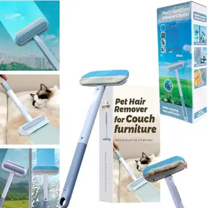 4 in 1 Multi-functional Pet Hair Remover Brush with handle, Window Screen Cleaning Brush with Long Handle Pet Hair Removal Tool, Wet and Dry Window Cleaner with Squeege, Versatile Windshield and Glass Cleaner, Adjustable Long Handle Pet Hair Rake