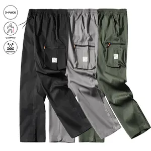Men's 3-Pack Casual Work Straight Pants, All Seasons Multi-Pocket Loose Fit Long Trousers for Hiking, Streetwear