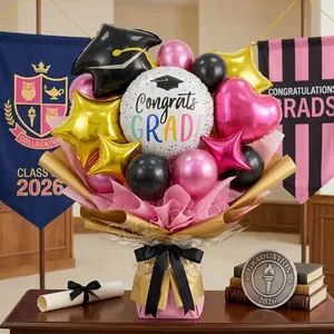 16pcs Graduation Party Balloons Set, Mini Hat Foil Balloons, 18'' Round 'grad Happy' Balloon, 10'' Gold/ Star Balloons, 10'' / Latex Balloons