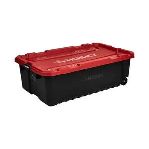 Pro Grip 57-Gallon Storage Tote with Wheels – Durable Black Container with Red Locking Lid for Utility & Transport