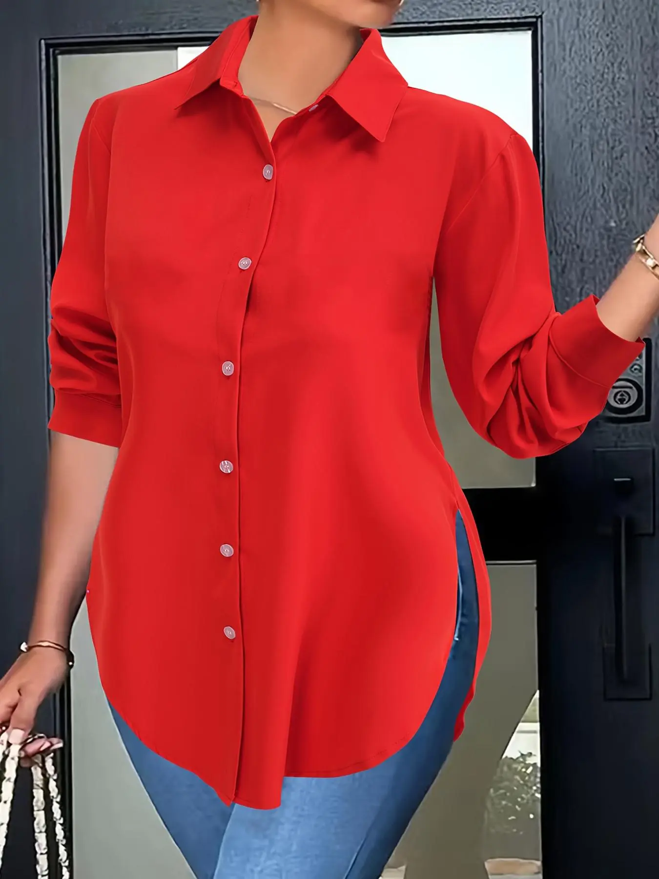 【Plus Size】 Solid Color Basic Woven Fitted Button Front Shirt Blouses, Casual Collared Top, Button Up Top, Casual Half Sleeve Top for Daily Wear, Women's Clothing for All Seasons