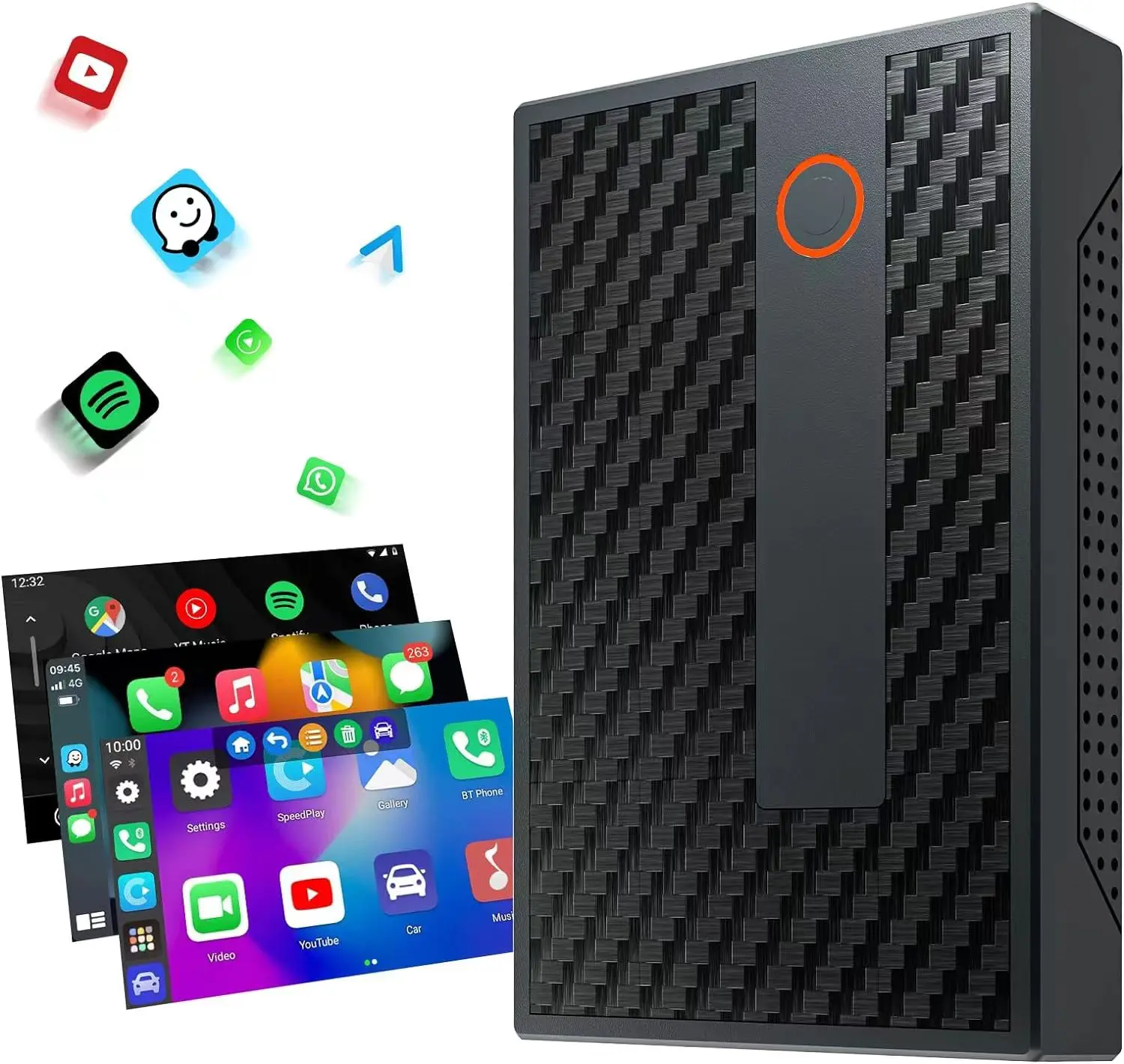 Wireless Carplay Adapter-3-in-1 Wireless Carplay and Android Auto Adapter, built-in Netflix YouTube,2+32-carbon fiber box, only suitable fororiginal models after 2016, with wired car