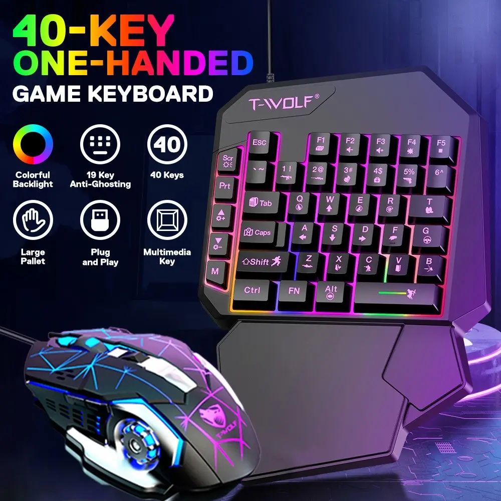 2-In-1 Half-Hand Wired Mechanical RGB Keyboard & Mouse Set, Wired Mechanical RGB Illuminated Keyboard with Wrist Rest, Mobile Converter for Android iOS, Lighted Gaming Keyboard, Gaming Setup Accessories