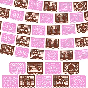 4-Pack 59 ft Traditional Lightweight Plastic Mexican Papel Picado Banner, Burst-Design Talavera Fiesta Decor, Hanging Supplies for Cinco De Mayo, Pink Brown