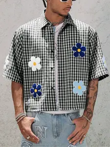 Men's Floral Embroidery Checked Short Sleeve Shirt, Regular Fitted Casual Fashion Street Retro Checkered Gingham Grid Graphic Button Front Top for Summer, Men's Clothes Menswear for Daily Wear