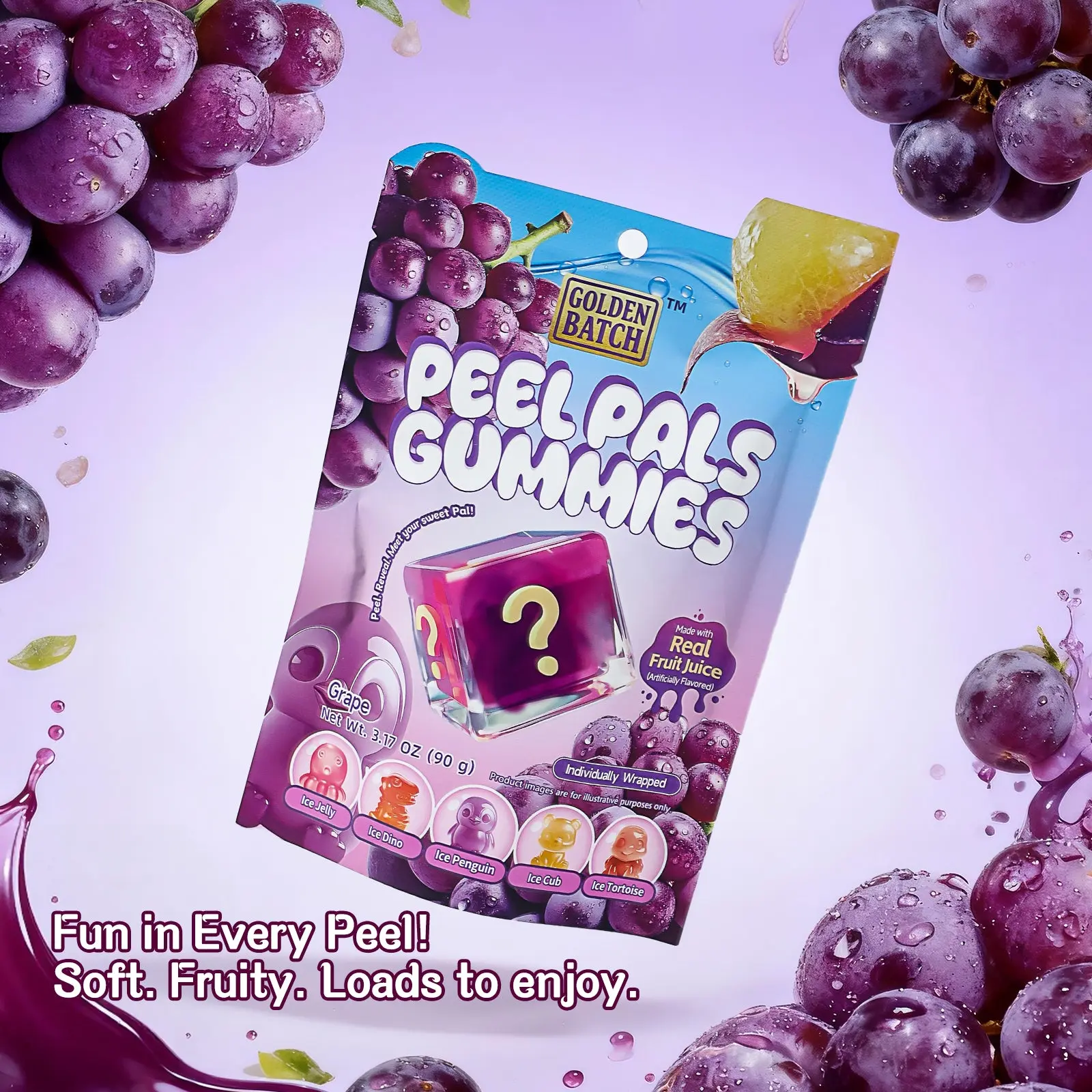 Peelable Grape Gummies, Double-Layer Real Fruit Juice Candy, Halal High-VC Chewy Snack with Water, Natural Ingredients, Coconut Oil, Gelatin for Lunchbox, Candy Bowl, Adults