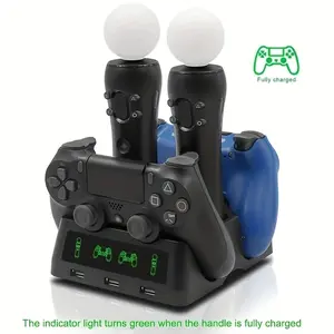 4-in-1 Desktop Charger Dock with Four Charging Channels for PS Move, Motion, and PS4 Controllers (PlayStation 4, PS4 Slim, PS4 Pro) (Dual Charger Dock for Dual Joystick Controllers + Dual Charger for PS Move)