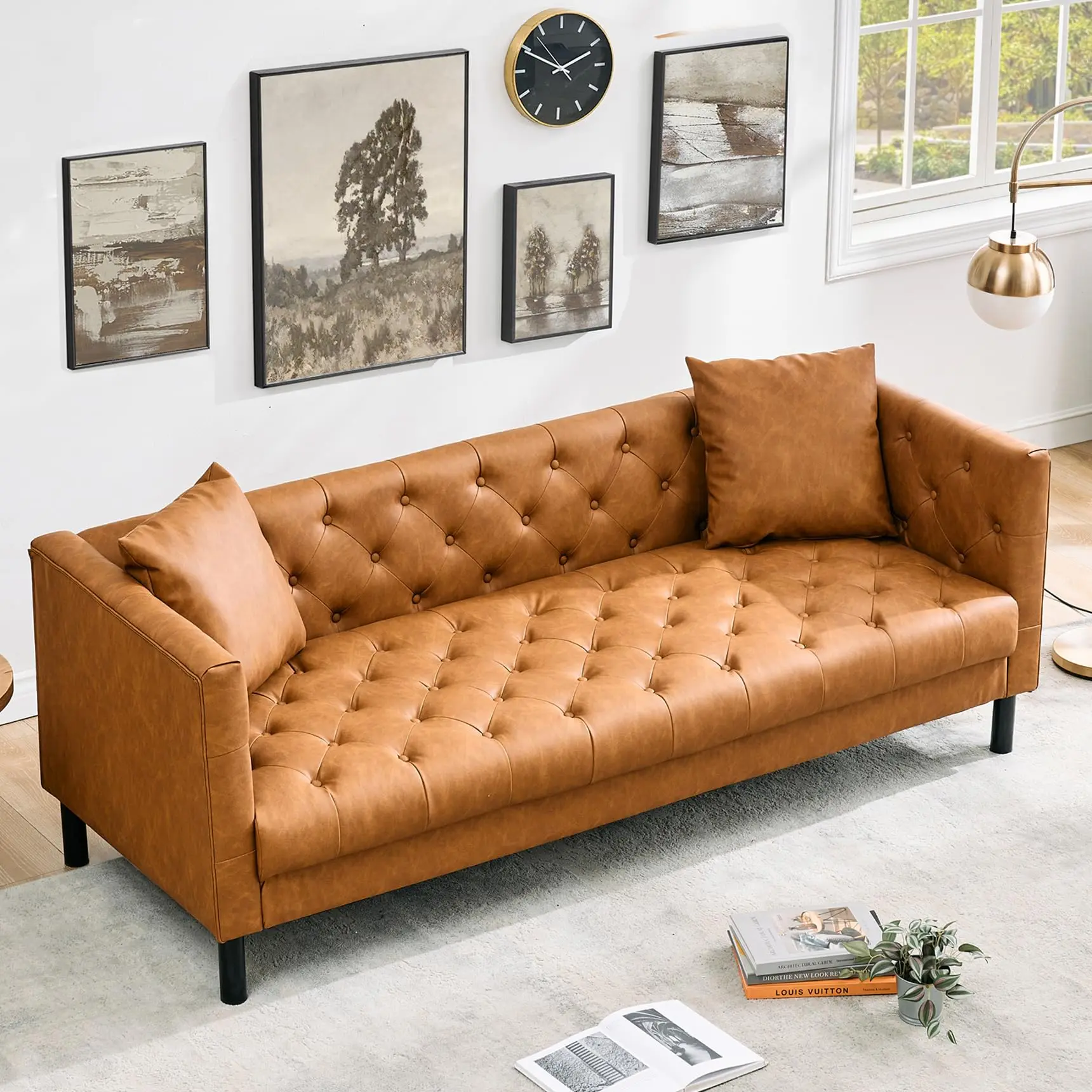 81″ Mid‑Century Modern Leather Sofa – 3‑Seater Chesterfield Couch with Button Tufted Back & Deep Seat – Living Room Sofa for Apartment or Office