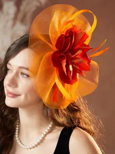 Elegant Round Hat Wide Brim Tea Party Valentine's Day Hat with Feather Decoration, Decorative Headpiece, Multiple Colors Available