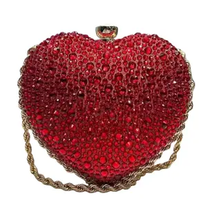 Red Heart Rhinestone Clutch Bag for Women – Sparkling Wedding Evening Purse with Chain Strap, Formal Party Handbag