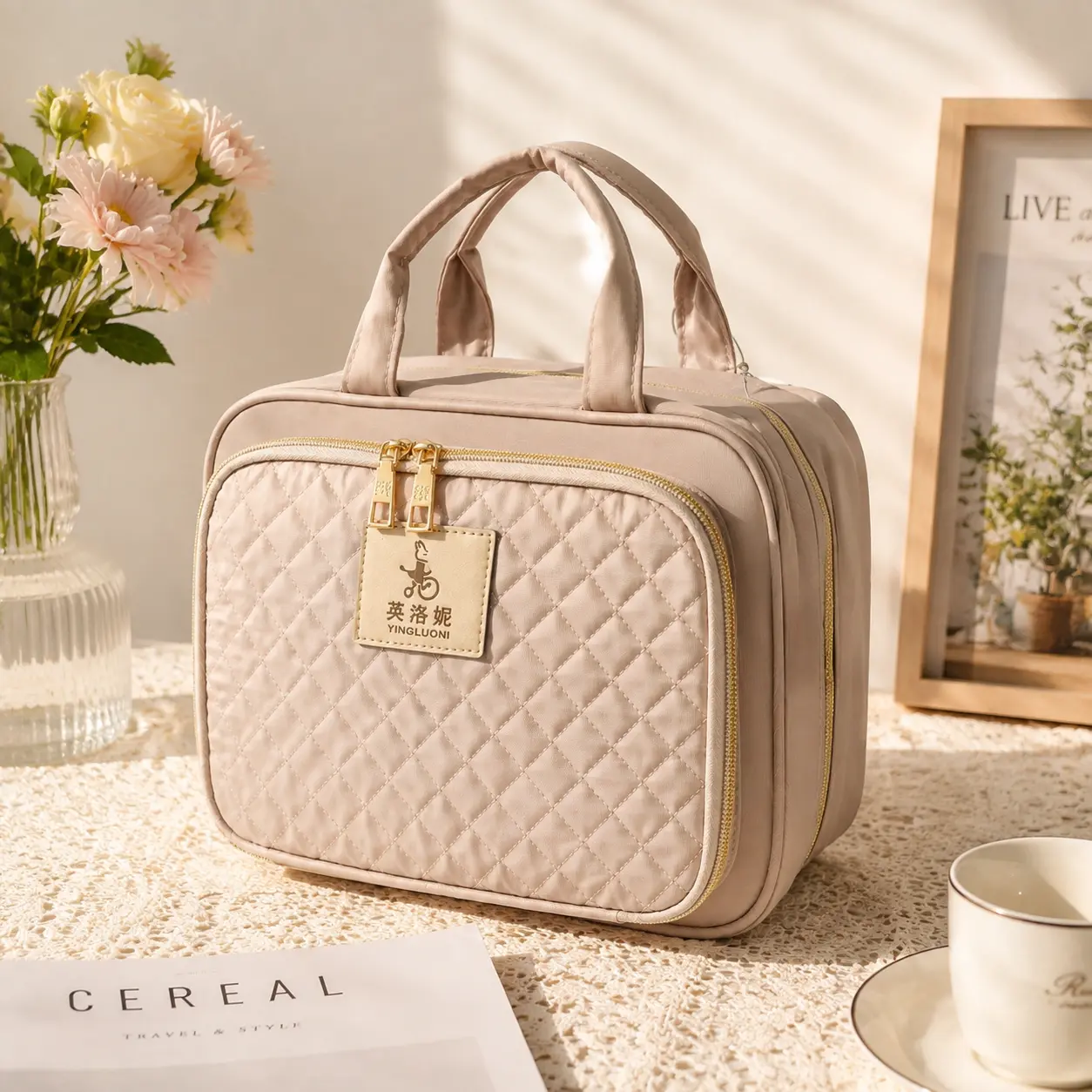 Elegant Quilted Design with Gold Zipper - Perfect for Makeup & Essentials - Stylish & Functional