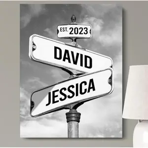 [Canvas Material With Frame] Personalized Classic Street Sign Canvas Poster For Couples, Customize Names, Dates, Street Intersection Wall Art, Custom Poster Art, Shadow Art, Hand-Stretched, Room Decor