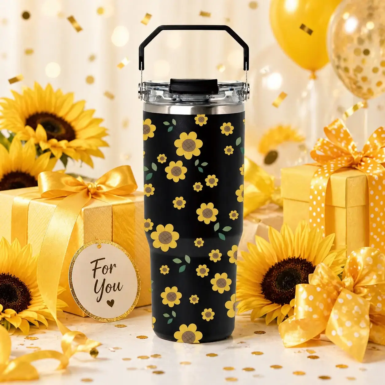 1 Pc 30oz Insulated Travel Mug, Insulated Travel Cup, Insulated Tumbler, Double Wall, Leak-Proof, Hot & Cold Drinks, Sunflower Print Design, Keeps Drinks Hot for 12 Hours, Cold for 24 Hours, Trendy Gift for Women and Moms