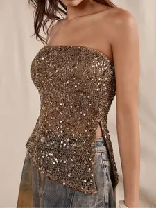 Sexy Slim Fit Backless Irregular European and American Style Sequin Sleeveless Strapless Womenswear Tube Top for Women