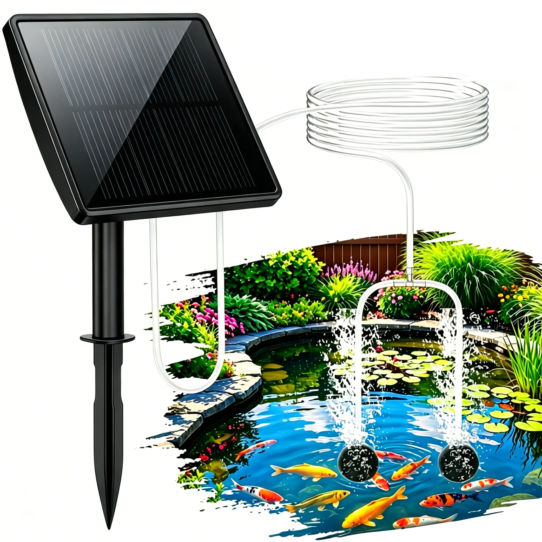 Solar Powered Air Pump Aerator with 2000mAh Battery, Includes 4 Air Stones & 8.2ft Air Tubing, Ideal for Small Fish Ponds, Hydroponics, Aquariums & Water Tanks