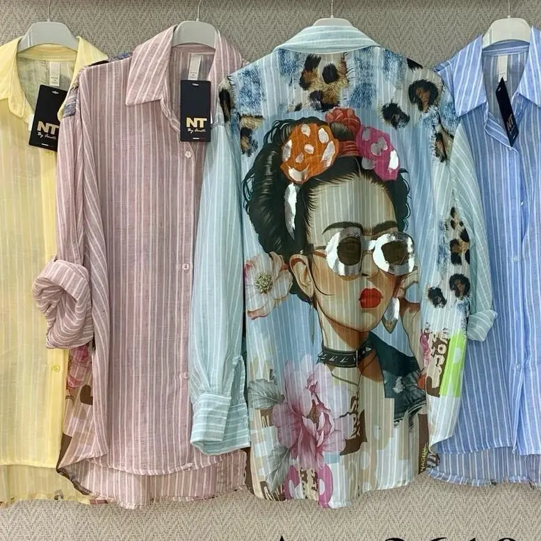Lola Collection Striped Button-Up Shirts with Artistic Print on Back One Size Fits small to largeMade in Italy.