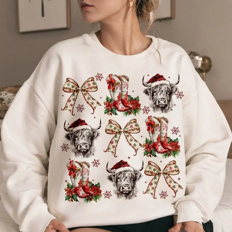 Coquette Cowgirl Christmas Sweatshirt Hoodie, Highland Cow Christmas Sweatshirt, Christmas Season, Highland Cow Bow , Western ,Girly Coquette Holiday, Xmas, Holiday,Trending Christmas