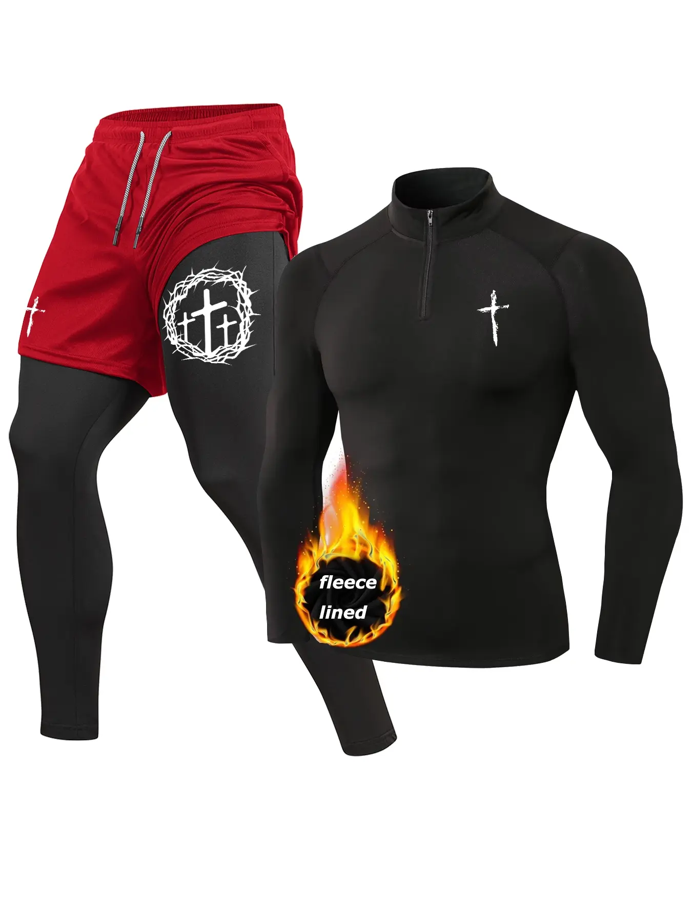 Thorn Cross Print Fall Winter Workout Running Athletic 2 Pieces Set for Men, Thermal Warm Fleece Lined Baselayer, Zippered Mock Neck Long Sleeve Compression Shirt, Quick Dry 2-in-1 Leggings Pants with Phone Pocket, Towel Loop, Zipper Pocket