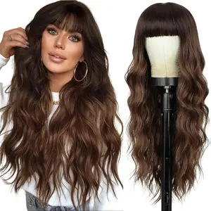 SummerVibes AISI HAIR 26 Inches Long Synthetic Wavy Brown Wig with Bangs for Women Heat Resistant, Soft, Natural Looking, Daily Use, Ideal for Beginners