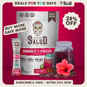 Salud 2-in-1 [Energy + Focus – Jamaica | Hibiscus] Clean Energy Drink Mix, Agua Fresca, Organic Caffeine, B6 & B12, L-Theanine, Drink Packets, Non-GMO, Gluten Free, Vegan, Low Calorie, 1g Sugar (15 Servings), Deals For You Days