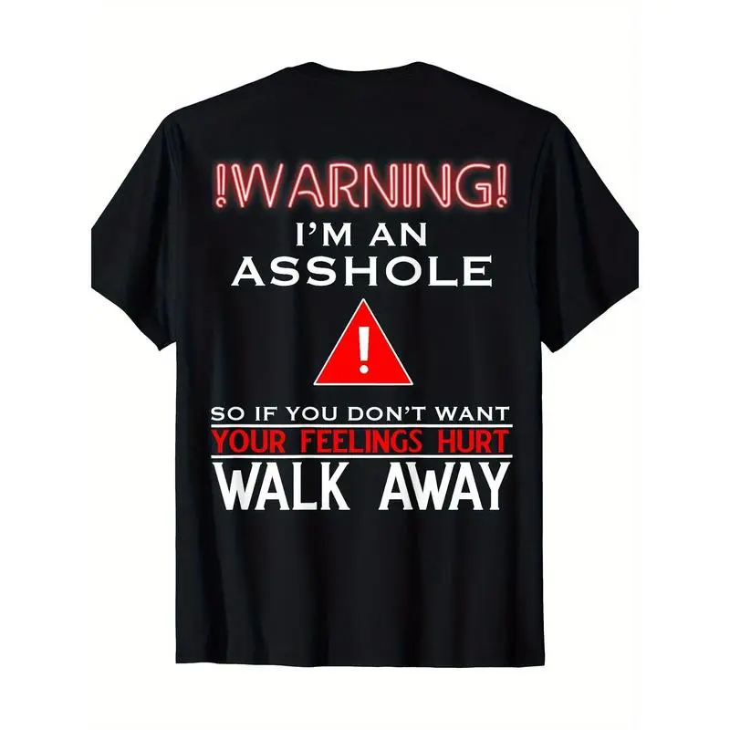 Men's Casual Shortsleeve Cotton Tshirt - Stylish Menswear Top with Bold "Warning" Graphic Statement Clothing