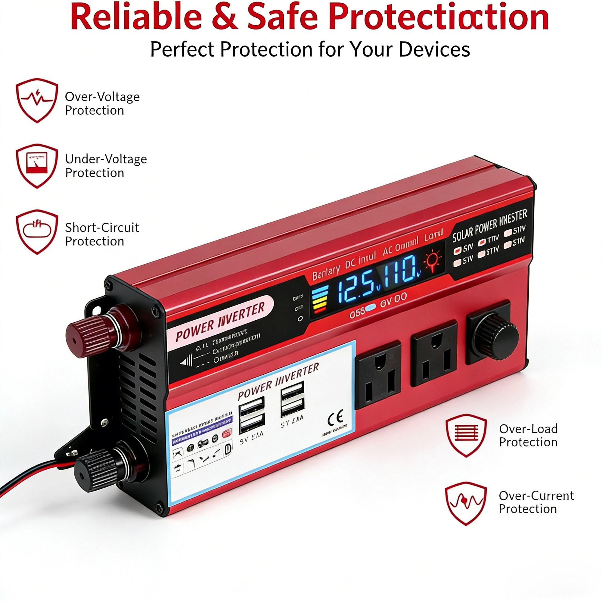 Portable Car Power Inverter with 3 AC Outlets 4 USB Fast Charging Ports DC 12V to 110V AC Converter 5000W Peak Power Vehicle Charger for RV Truck Boat Camping Road Trip Emergency Backup Power Supply with Overload & Overheat Protection