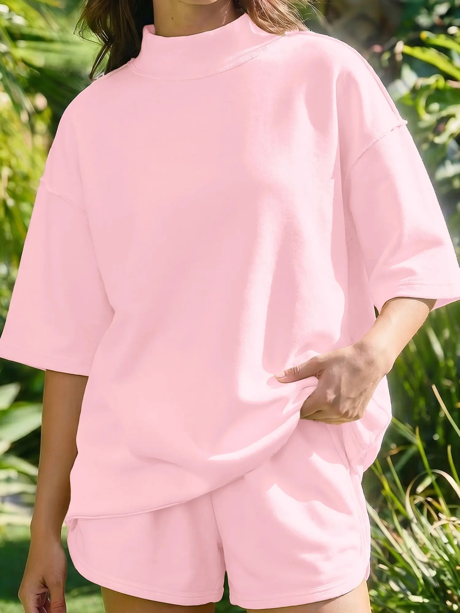 Womens Light Pink Solid Color 2pcs Outfit Exposed Seam Mock Neck Oversize Tee Casual Shorts Set Milk Silk Valentine's Day Gift