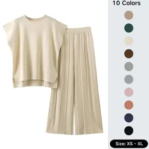 Women’s two-piece sportswear set, knitted pullover top, high-waisted pants, casual tracksuit