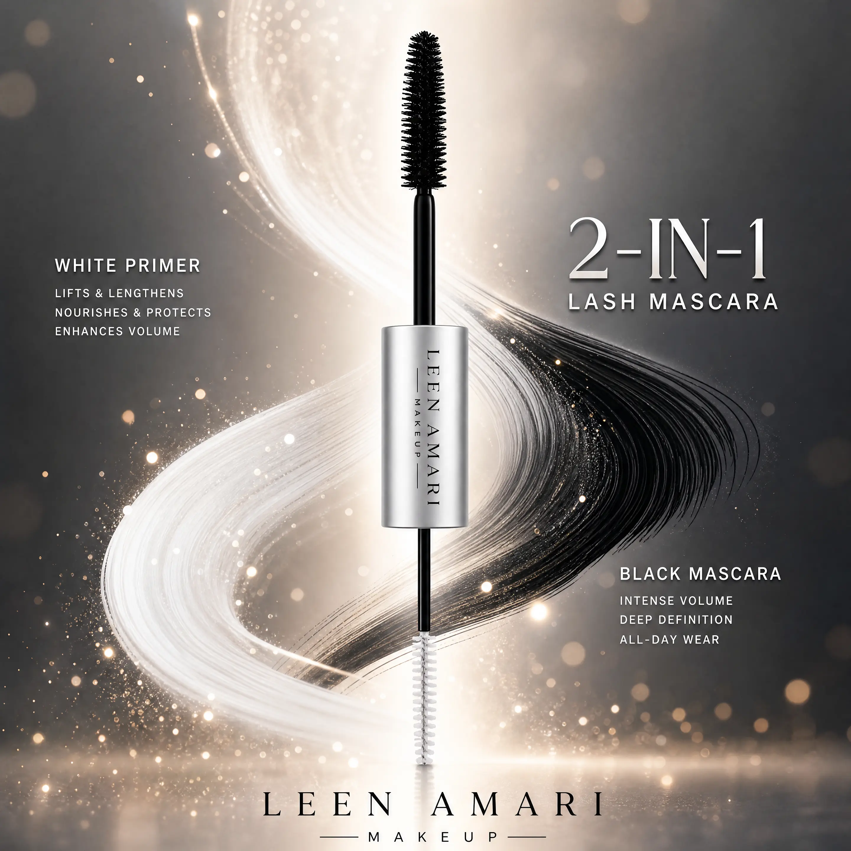 Short Lashes? Watch This! LEEN AMARI 2-in-1 Dual-Ended Mascara, White Lash Primer + Black or Brown Mascara, Longer-Looking & Fuller-Looking Lashes, Buildable Eye Makeup for Daily Wear, Work, Travel, Parties and Date Night bottom waterproof length