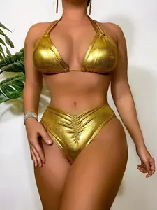 Women's Texture Metal Ruched Tie Back Bikini Sets for Summer 2024, Halter Neck Triangle Swimwear, Swimsuit for Women, Bathing Suits Women, Ladies Summer Beach Vacation Swimsuit, Two Piece Bathing Suits