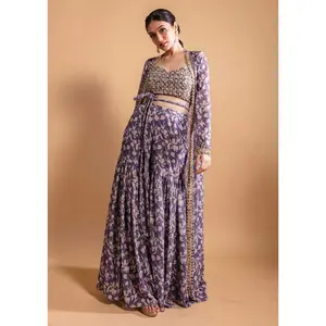 Purple printed sharara and jacket set