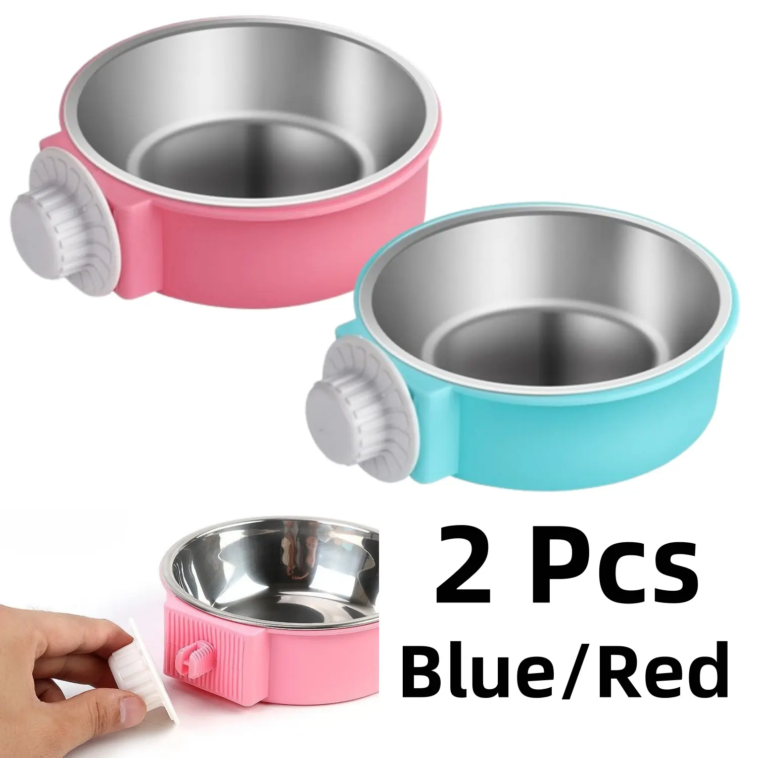 2-Pack Hanging Stainless Steel Bowls for Small/Medium Pets - 4.92 Inch Diameter, Adjustable, Removable Food/Water Cups, Easy Cleanup, Cage-Attachable (Blue,Red) - Home Improvement Supplies for Dogs,Cats,Rabbits, Attach To The Cage, Birds, Two-Pack