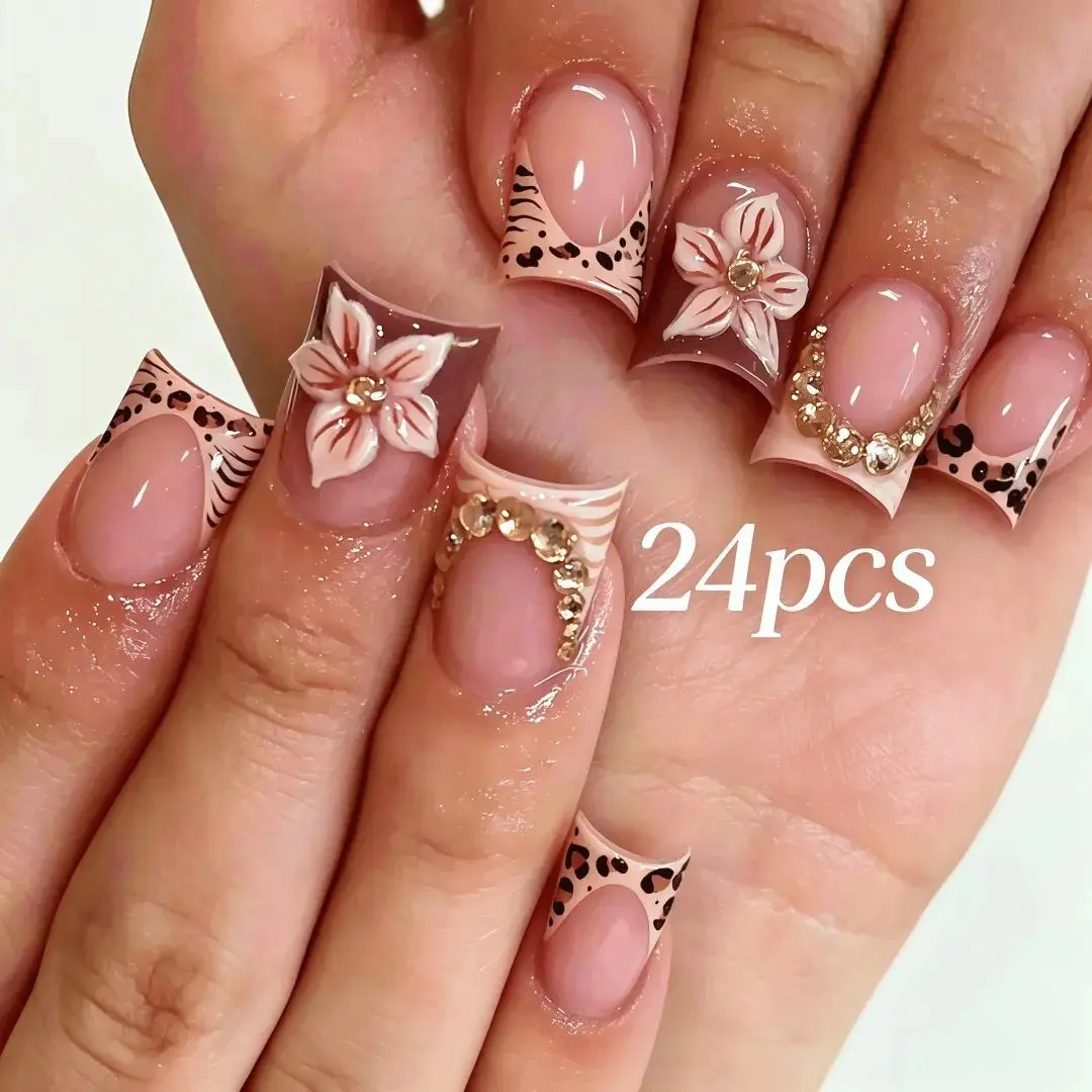 24pcs Leopard French Press on Nails, 3D Embossed Flower & Rhinestone Design, Reusable & Easy Apply, Perfect for Parties & Club Nights