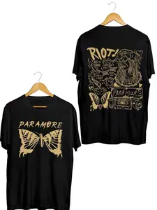 Paramore Riot! Album Commemorative T-shirt | Butterfly Graffiti Double sided Printed Geometric Short Sleeve, Rock Youth | Riot! Retro Vintage graffiti style tee