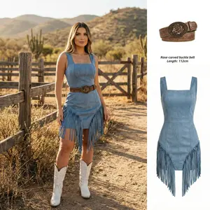 [Include Belt] Western Style Square-neck Halter Tassel Dress Include Rose Carved Buckle Vintage Belt, Cowgirl Dress, Western Dress, Womenswear, Dress Set, Basic, Minimalist, Sleeveless
