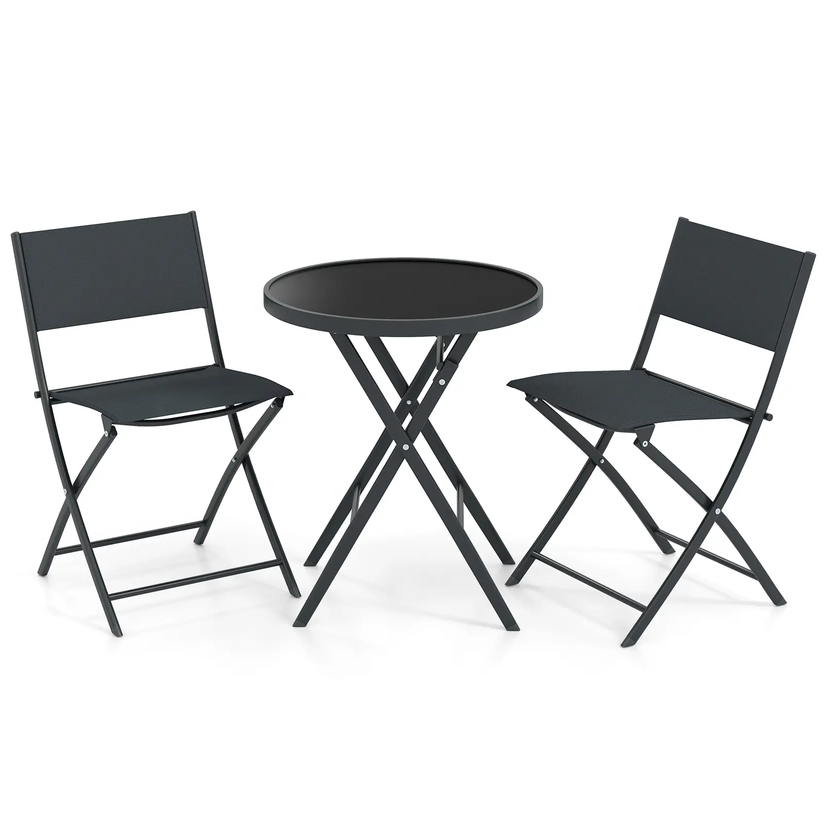 COSTWAY - 3 Piece Outdoor Folding Patio Bistro Set with Tempered Glass Coffee Table and 2 Patio Chairs