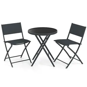 COSTWAY - 3 Piece Outdoor Folding Patio Bistro Set with Tempered Glass Coffee Table and 2 Patio Chairs