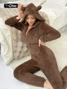 Women's Solid Zip Up Hooded Fuzzy Bear Onesie, Casual Long Sleeve Soft Flannel Jumpsuit for Fall & Winter, Women's Sleepwear for Indoor Wear, Loungewear, Cozy Wear, Womenswear, Lady