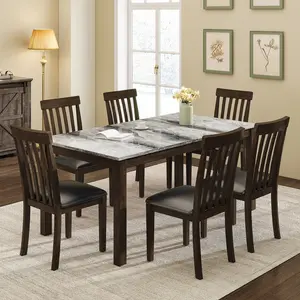 [Memorialday]AMERLIFE 7-Piece Dining Table Set with 6 Chairs,Modern Solid Wood Dining Table Set with 6 Upholstered Chairs,71'' Marble kitchen table&Chair Set for 6 People,Marble&Brown,Best Gift Ideas/Christmas Gifts