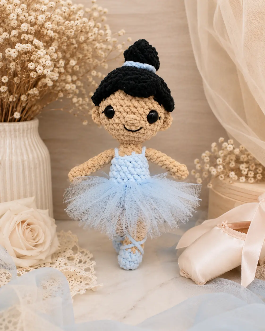 Crochet Bliss by V Handmade Ballerina Crochet Plush, Small Soft Stuffed Doll with Light Blue Tulle Tutu, Ballet Slippers & Bun Hairstyle, Gift & Room Decor