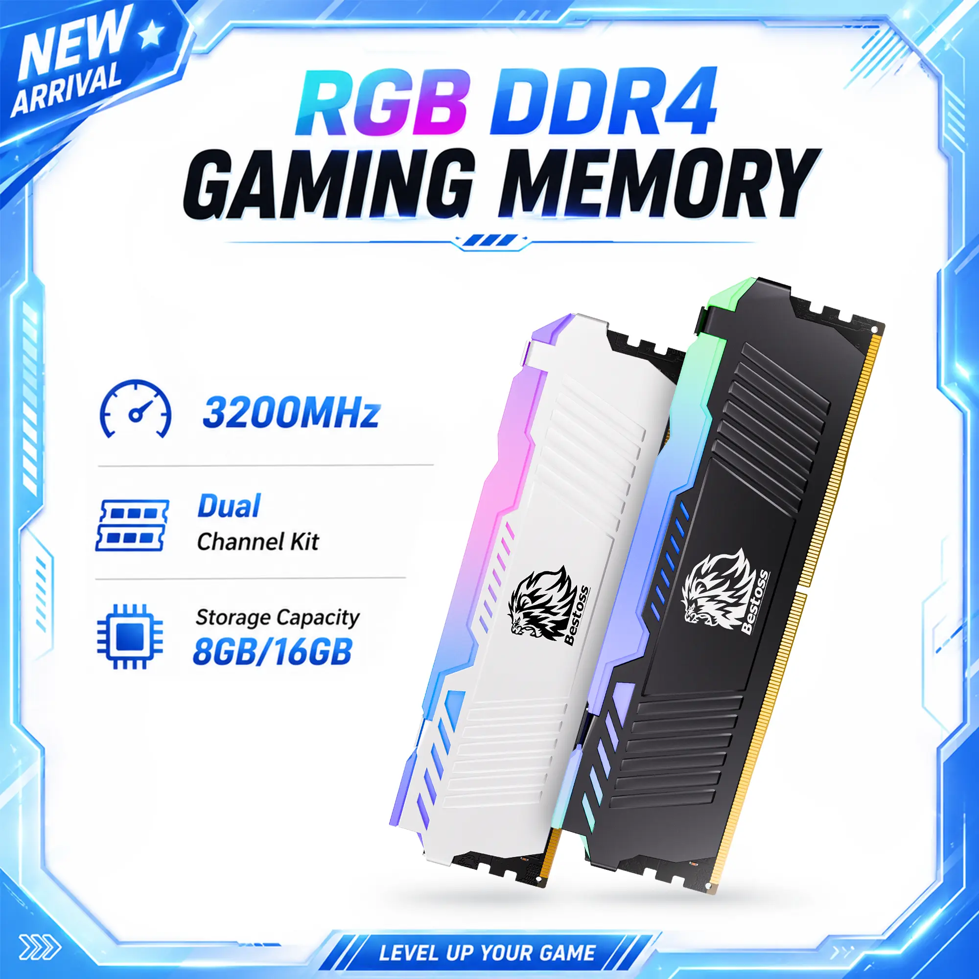 Bestoss RGB DDR4 RAM, 8GB/16GB 3200MHz Gaming U-DIMM Desktop DRAM - XMP 2.0 Compatible, Faster Loading Times, High-Speed Performance, Smooth Multitasking, Stable Performance, LED Lights ,tiktokshopbacktoschool