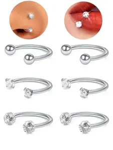 6PCS 20G/16G Ball Crystal Cubic Zirconia Horseshoe Nose Ring Septum Rings Cartilage Earring Eyebrow Lip Helix Tragus Piercing Jewelry 8mm Body Piercing Jewelry