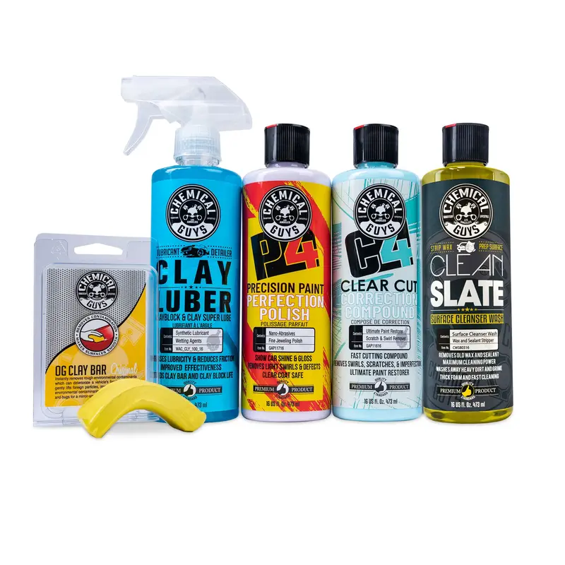 CHEMICAL GUYS Paint Correct and Protect Deluxe Kit – Complete Paint Correction System with Clay Bar, Clay Luber, C4 Compound, P4 Polish & Clean Slate Wash to Remove Contaminants, Swirls & Scratches for a Smooth, Glossy Finish
