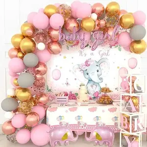 Baby Shower Decorations for Girl Elephant Balloon Garland Kit with Baby Boxes Letters It's a Girl Backdrop Tablecloth Balloons  (Girl, Pink)