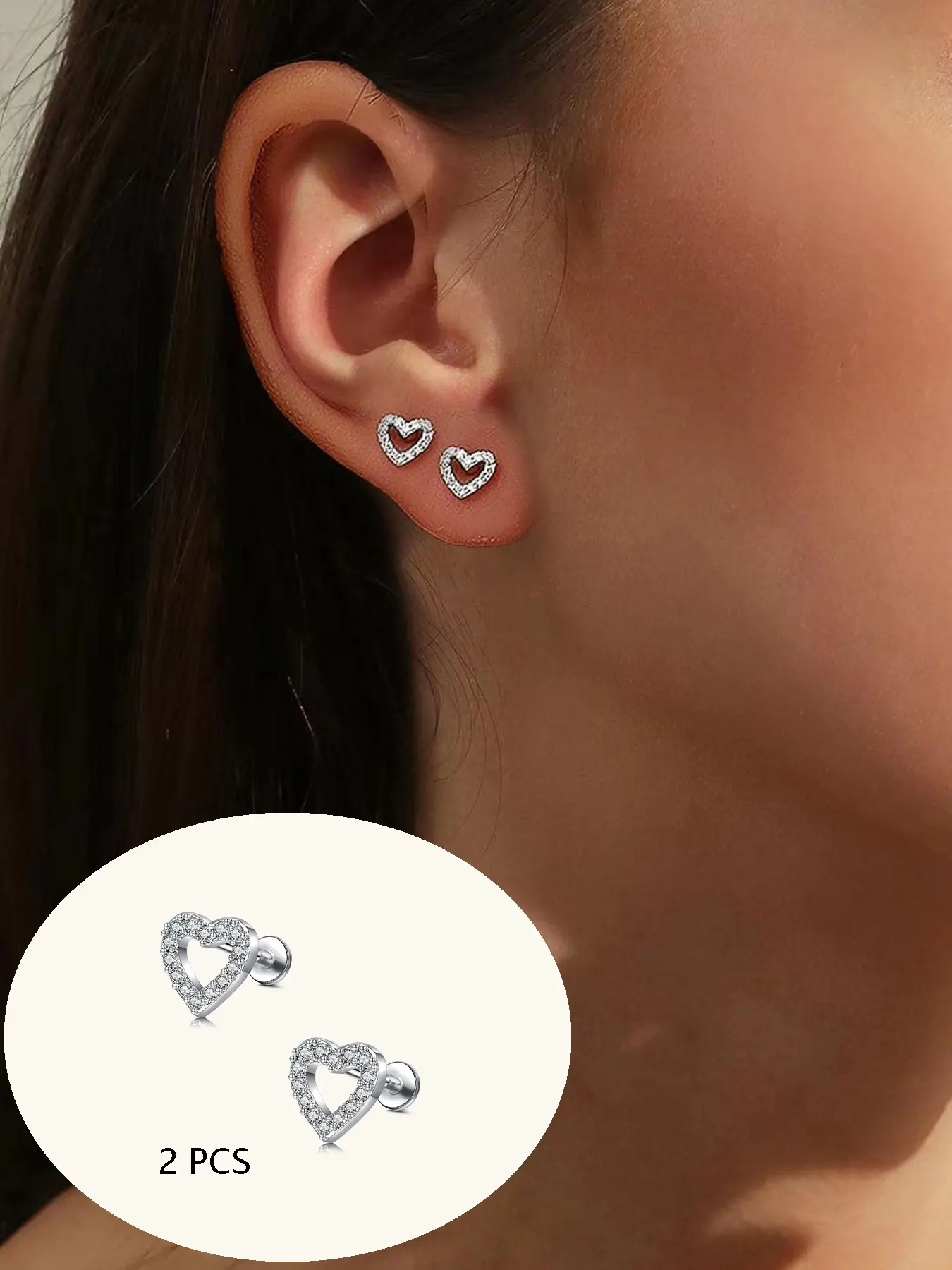 Stainless Steel Zirconia Inlaid Heart Stud Earrings, Pole Type Flat Earrings, Cute Small Zirconia Earrings For Ear Cartilage, Helix, Lobe Piercing, Bohemian Elegant Style, Studs Earrings Jewelry